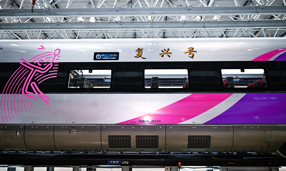 The Fuxing Intelligent EMU for the 19th Asian Games Hangzhou is officially launched at the CRRC Changchun Railway Vehicles Company, on July 21, 2023. Photo: Xinhua