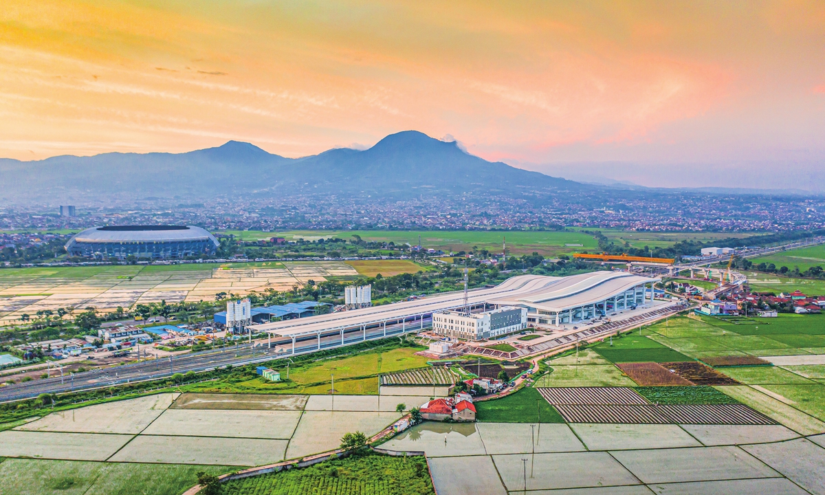 An aerial view of the Tegalluar station, the end point of the Jakarta-Bandung High-speed Railway Photo: Ren Weiyun