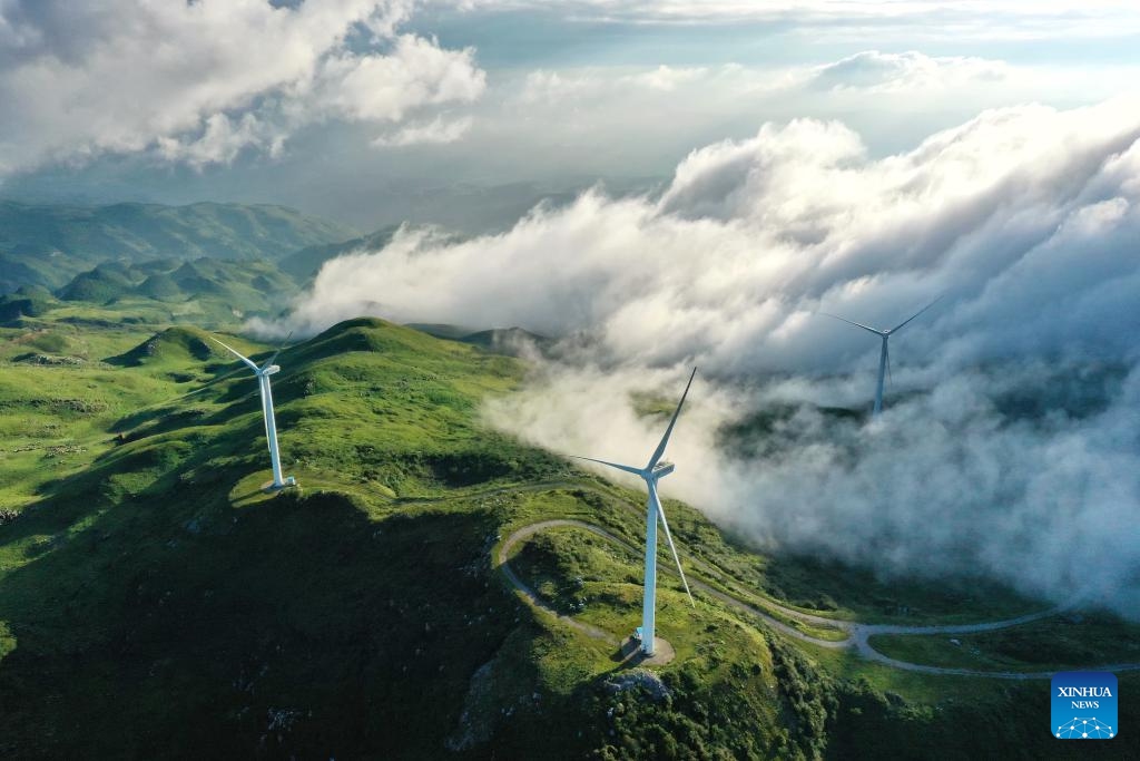 This aerial photo taken on Aug. 19, 2020 shows wind turbines in Hezhang County, southwest China's Guizhou Province. Guizhou has seized the opportunity and made big stride in the development of new energy industry, such as wind power and photovoltaic power, in recent years. While vigorously developing green energy, Guizhou has also made full use of the land under photovoltaic panels to develop farming and livestock breeding.(Photo: Xinhua)