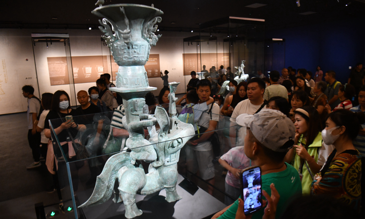 People visit the Sanxingdui Museum in Southwest China’s Sichuan Province on August 22. The influx of tourists is similar to China’s Spring Festival travel peak. A total of more than 1,500 cultural relics are on display, of which nearly 600 cultural relics are being shown for the first time. Photo: IC