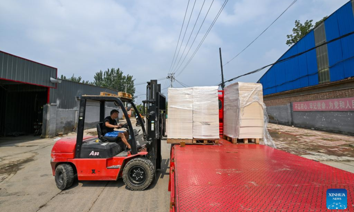 A worker of a paper products company transfers materials and prepares for production in Shaoqidi Village of Huanghuadian Township, Wuqing District, north China's Tianjin, Aug 17, 2023. Photo:Xinhua