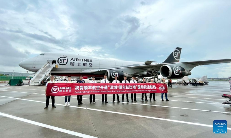 This photo taken on Aug. 20, 2023 shows a scene of the launching ceremony of SF Airlines' Shenzhen-Port Moresby cargo route at Shenzhen Baoan International Airport in Shenzhen, south China's Guangdong Province. (SF Airlines/Handout via Xinhua)