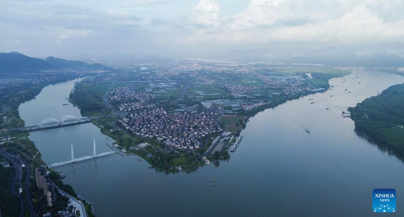 This aerial photo taken on Aug. 3, 2023 shows a view of Dongzhou Island in Hangzhou, capital of east China's Zhejiang Province. (Photo by Xia Yueqiao/Xinhua)