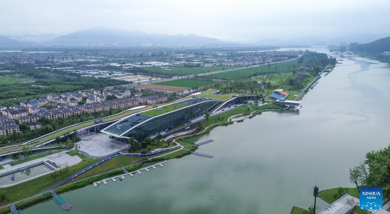 This aerial photo taken on Aug. 3, 2023 shows the Fuyang Water Sports Center at Dongzhou Island in Hangzhou, capital of east China's Zhejiang Province. (Photo by Xia Yueqiao/Xinhua)