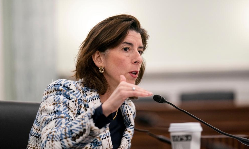 U.S. Commerce Secretary Gina Raimondo attends a hearing of U.S. Senate Committee on Commerce, Science, and Transportation titled Department of Commerce Fiscal Year 2023 Budget Priorities on Capitol Hill in Washington, D.C., the United States, on April 27, 2022. (Xinhua/Liu Jie)