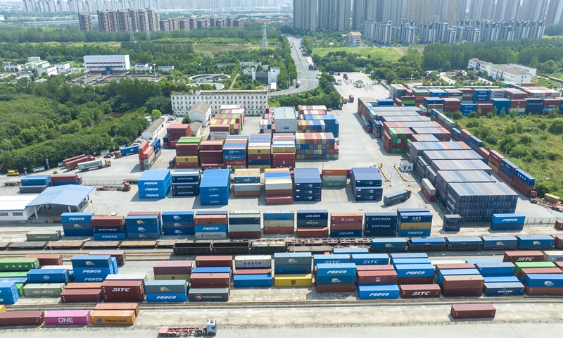Hundreds of home appliances and cars are gathered in Hefei, East China's Anhui Province on August 21, 2023, waiting for shipment to Europe through the China-Europe freight train. Photo: VCG