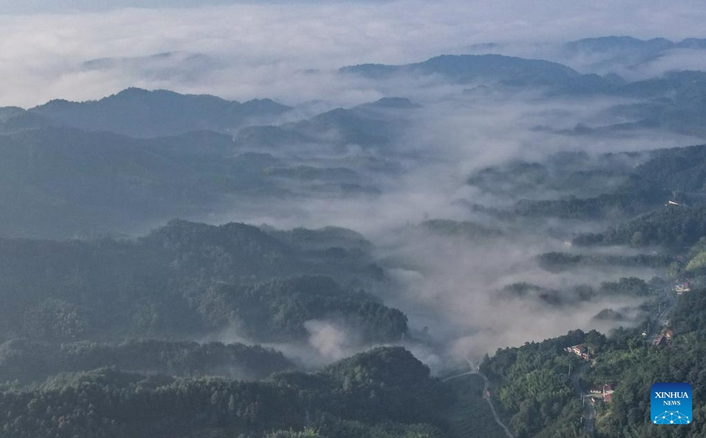 This aerial photo taken on Aug. 23, 2023 shows mountain scenery in Manshuihe Town of Lu'an City, east China's Anhui Province.(Photo: Xinhua)