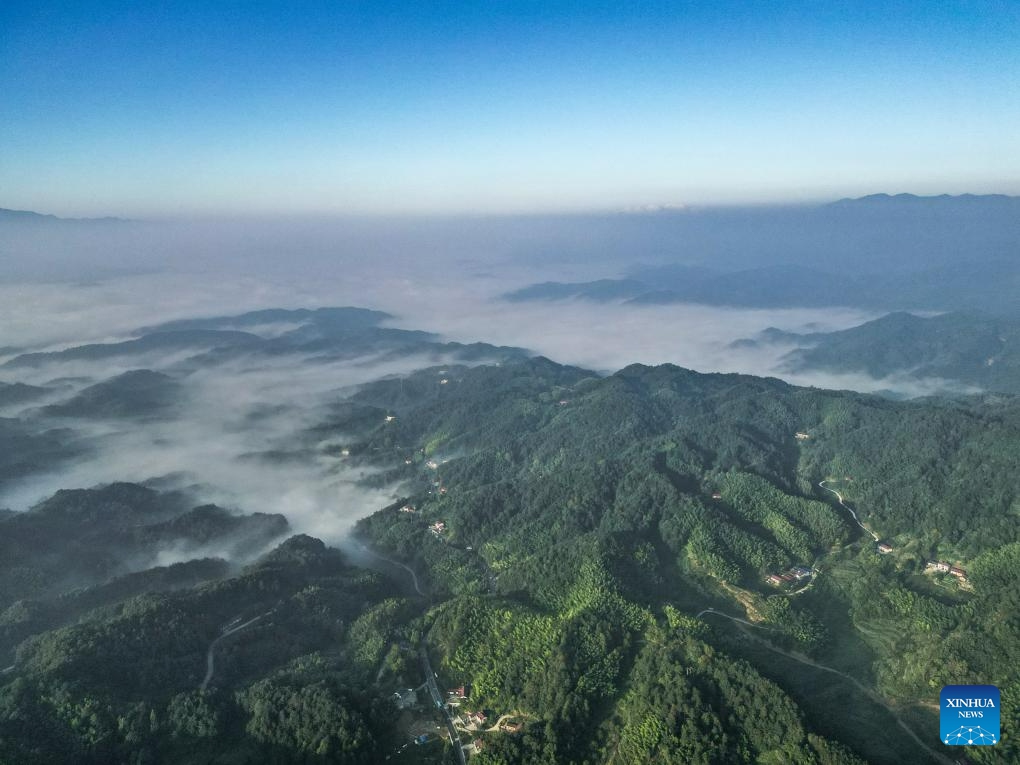 This aerial photo taken on Aug. 23, 2023 shows mountain scenery in Manshuihe Town of Lu'an City, east China's Anhui Province.(Photo: Xinhua)