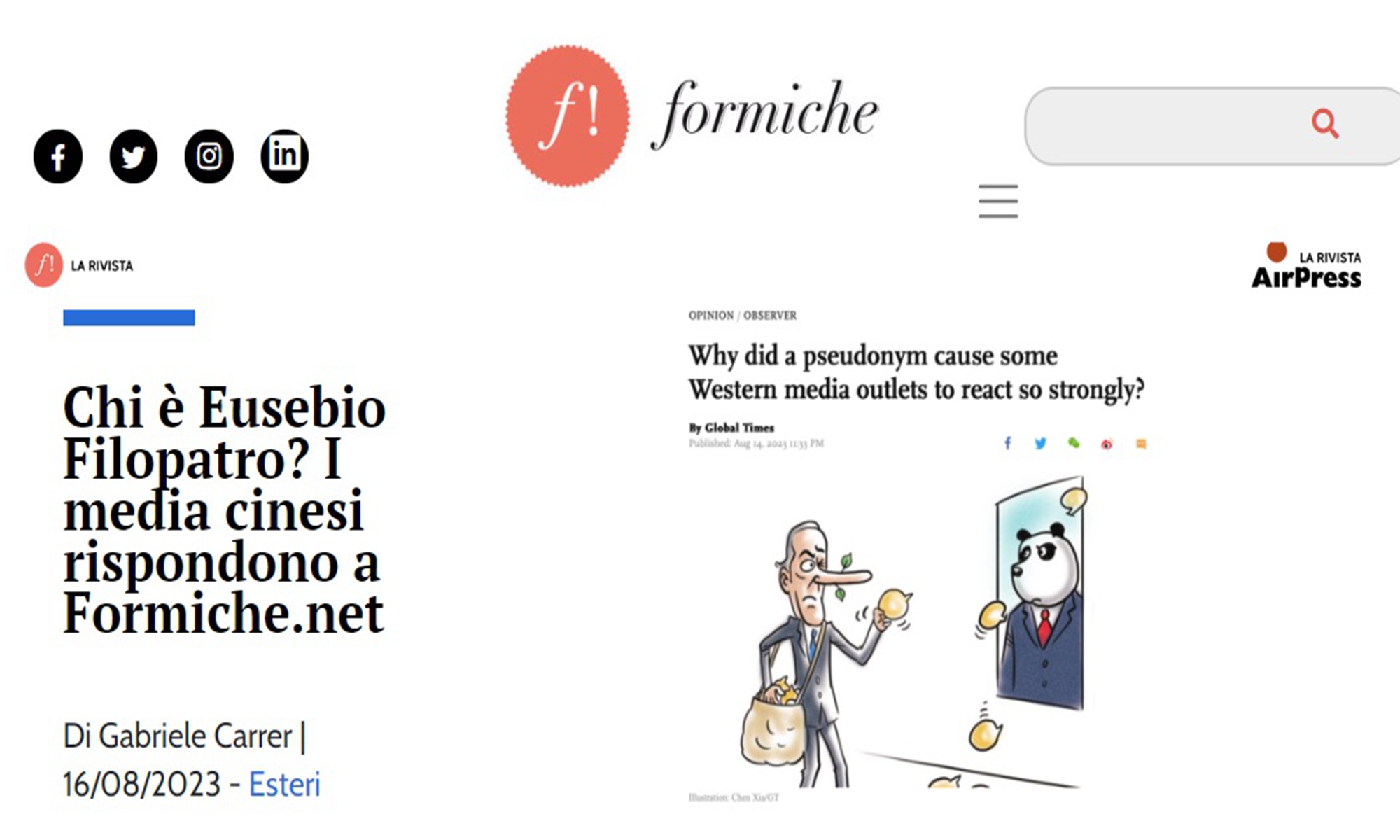 Italian media Le Formiche publishes a response to GT article to clarify its doubts and questions on a piece by Eusebio Filopatro (pseudonym). Photo: Screenshot of Le Formechinet