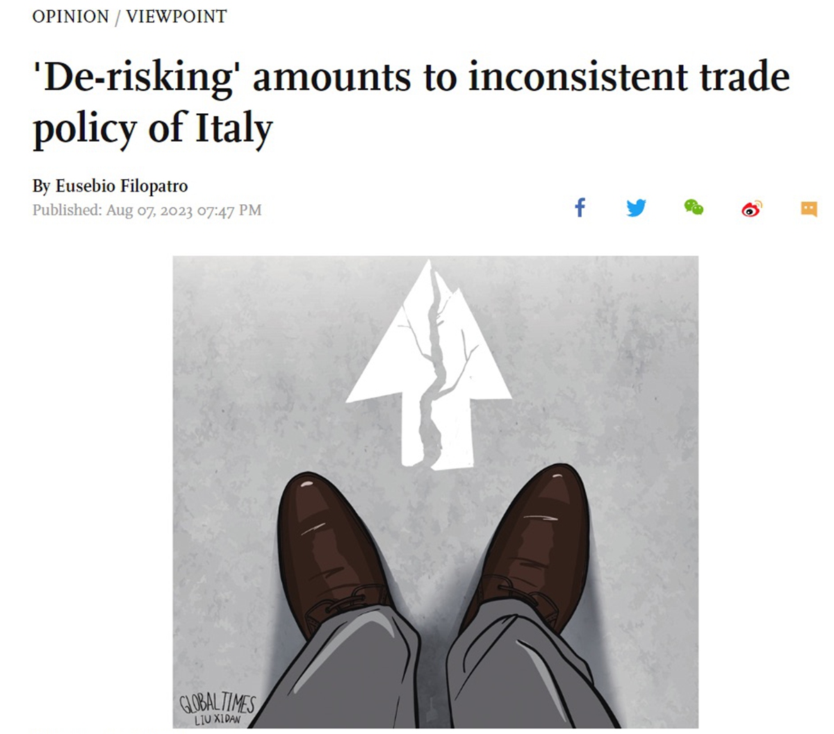 The opinion piece by Eusebio Filopatro (pseudonym) first published by the Global Times, on August 7, 2023. Photo: Screenshot of GT website