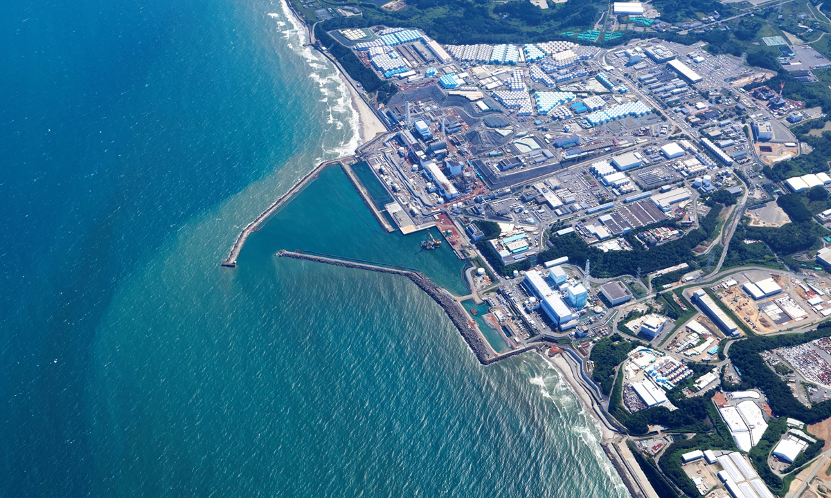 In this aerial image, nuclear-contaminated water is released from the Tokyo Electric Power Co (TEPCO) Fukushima Daiichi nuclear power plant into the ocean on August 24, 2023 in Okuma, Fukushima, Japan. Photo: VCG