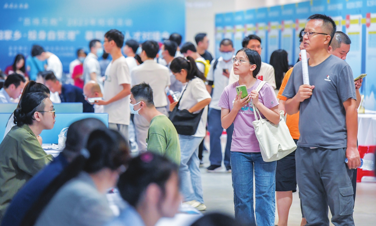 Job hunters participate in a job fair in Haikou, South China's Hainan Province on August 12, 2023. The positions offered at the fair included business services, network engineering and social media operation. Photo: VCG