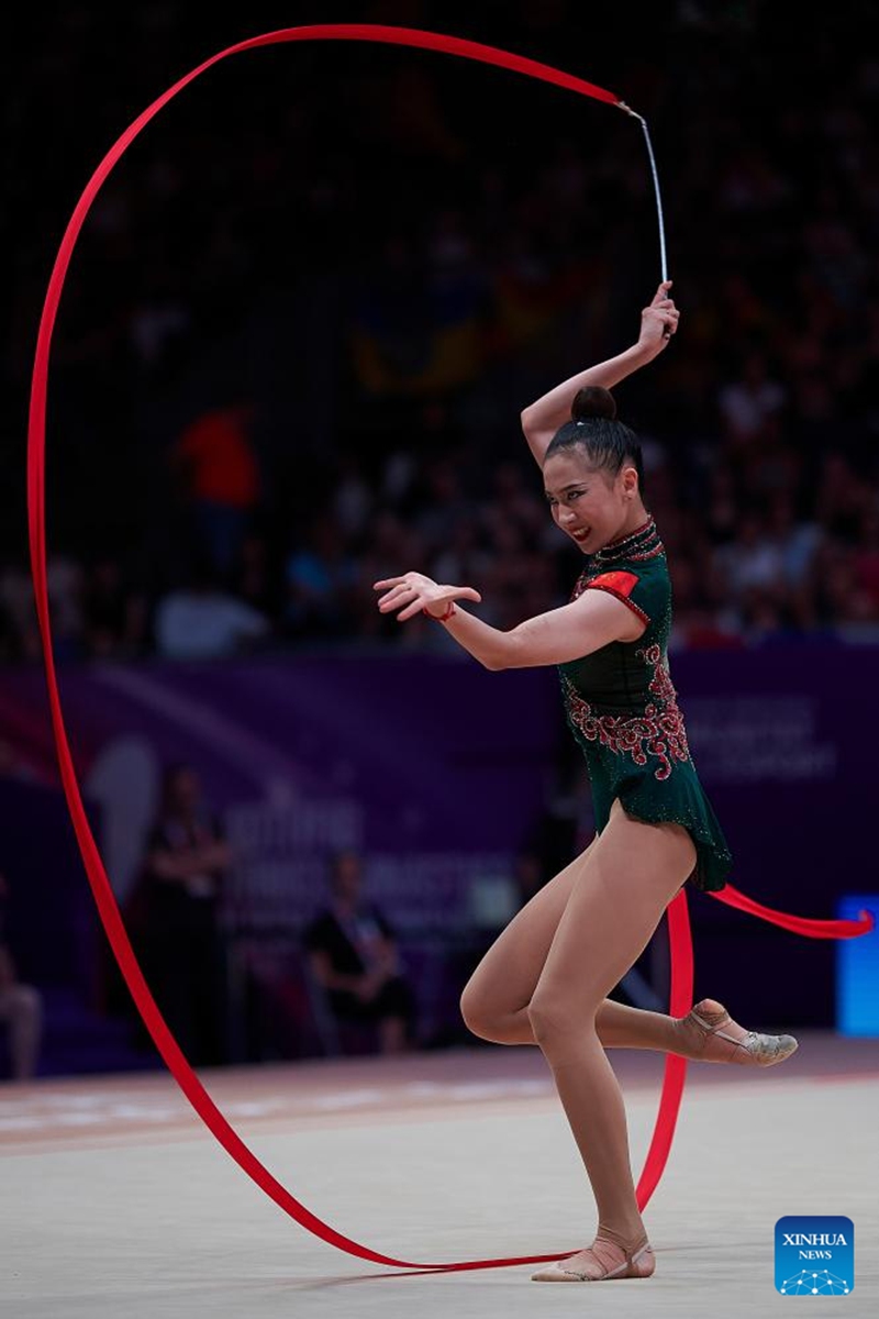 Wang Zilu of China competes during the Individual All-Around Final at the 40th FIG Rhythmic Gymnastics World Championships in Valencia, Spain, Aug. 26, 2023. Photo: Xinhua