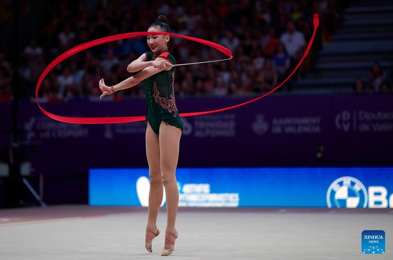 Wang Zilu of China competes during the Individual All-Around Final at the 40th FIG Rhythmic Gymnastics World Championships in Valencia, Spain, Aug. 26, 2023. Photo: Xinhua