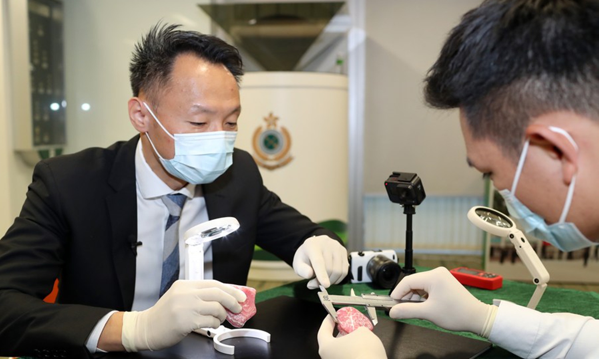 Lau Yuk-lung (L), a supervisor in the intelligence bureau of the Hong Kong Customs, examines the texture of a piece of jade with his colleague in Hong Kong, south China, Aug. 18, 2023. (Xinhua/Li Gang)




