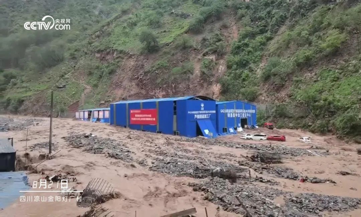 A surge of heavy rain last week triggered a natural disaster at a highway construction site along a river in Jinyang County in Sichuan's Liangshan Yi Autonomous Prefecture,causing a total of 201 people were present at the highway construction site when the disaster struck, of which 149 escaped, four were killed, and 48 remain out of contact. Photo: CCTV News 