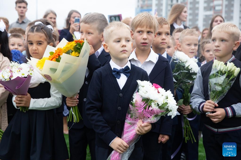 First graders attend a ceremony marking the start of the new semester at School No. 362 in St. Petersburg, Russia, Sept. 1, 2023. Russia marks the traditional Day of Knowledge on Sept. 1, which is normally the start of a new academic year. Photo: Xinhua