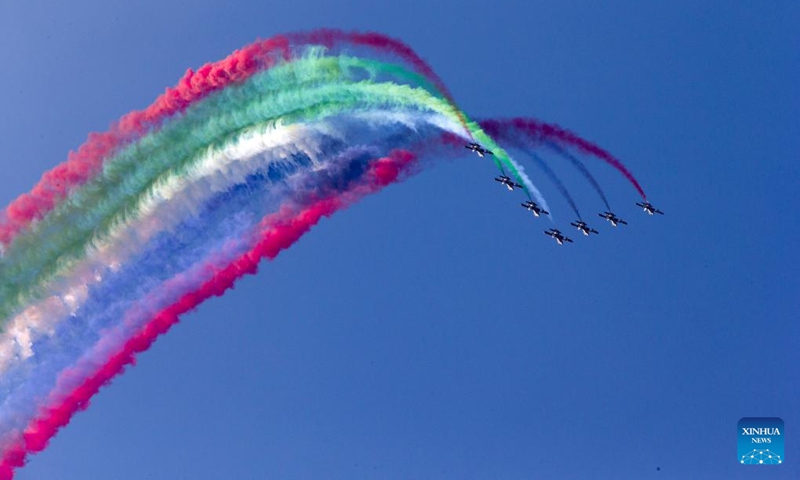 Aircraft from the United Arab Emirates perform during an air show at the Tanagra Air Base, some 70 kilometers north of Athens, Greece on Sept. 2, 2023. Athens Flying Week 2023 was held on Sept. 2 and Sept. 3 at the Tanagra Air Base. Photo: Xinhua