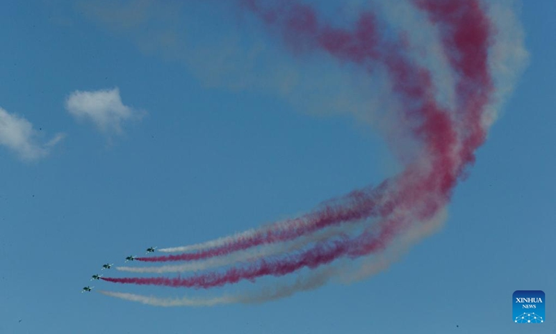 Aircraft from Saudi Arabia perform during an air show at the Tanagra Air Base, some 70 kilometers north of Athens, Greece on Sept. 2, 2023. Athens Flying Week 2023 was held on Sept. 2 and Sept. 3 at the Tanagra Air Base. Photo: Xinhua
