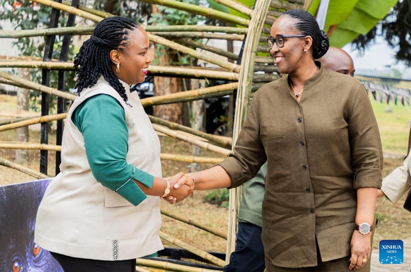 Rwanda's First Lady Jeannette Kagame (R) greets Clare Akamanzi, chief executive officer of the Rwanda Development Board, at the 19th gorilla naming ceremony in Musanze, Rwanda, Sept. 1, 2023. Photo: Xinhua