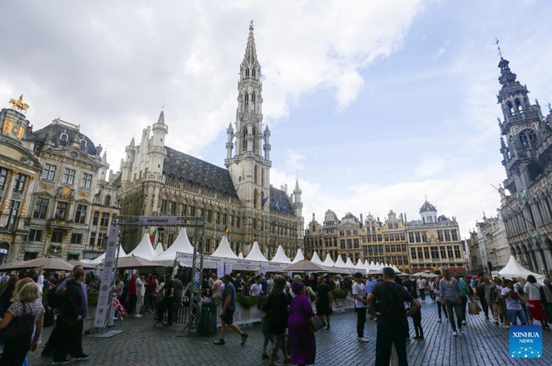 People attend the 23rd Belgian Beer Weekend in Brussels, Belgium, Sept. 2, 2023. More than 500 Belgian beers were presented by 53 breweries to the public during the event. Photo: Xinhua