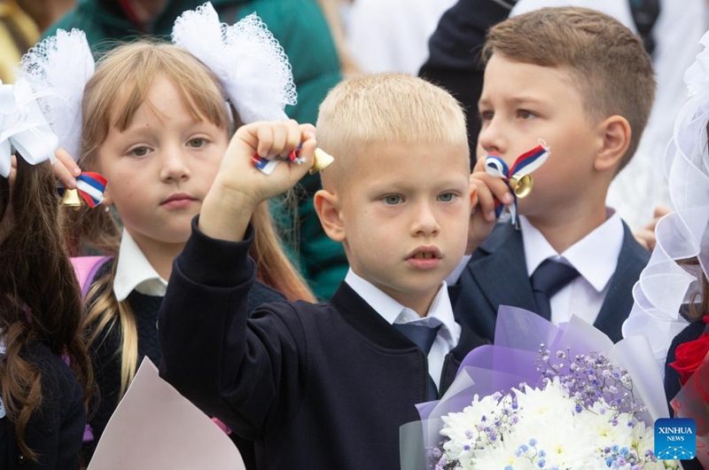 First graders attend a ceremony marking the start of the new semester at School No. 362 in St. Petersburg, Russia, Sept. 1, 2023. Russia marks the traditional Day of Knowledge on Sept. 1, which is normally the start of a new academic year. Photo: Xinhua