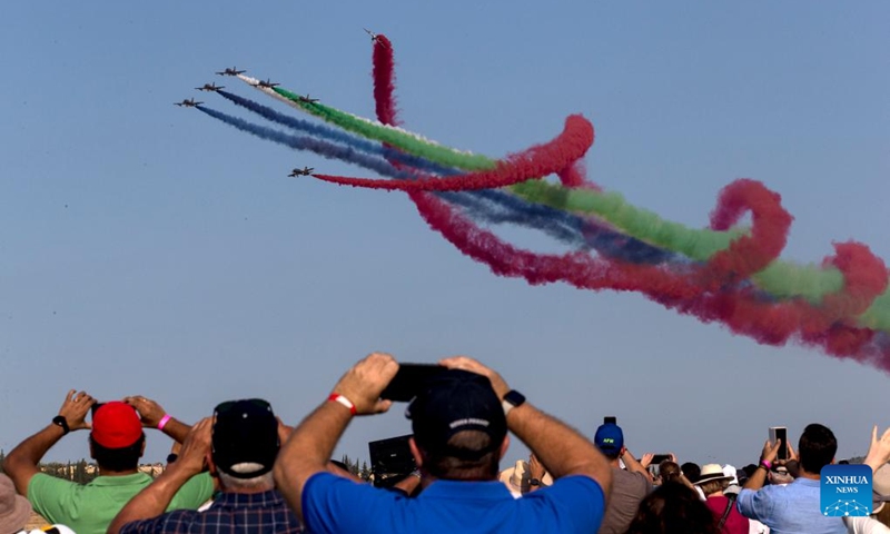 Spectators watch the performance of aircraft from the United Arab Emirates during an air show at the Tanagra Air Base, some 70 kilometers north of Athens, Greece on Sept. 2, 2023. Athens Flying Week 2023 was held on Sept. 2 and Sept. 3 at the Tanagra Air Base. Photo: Xinhua