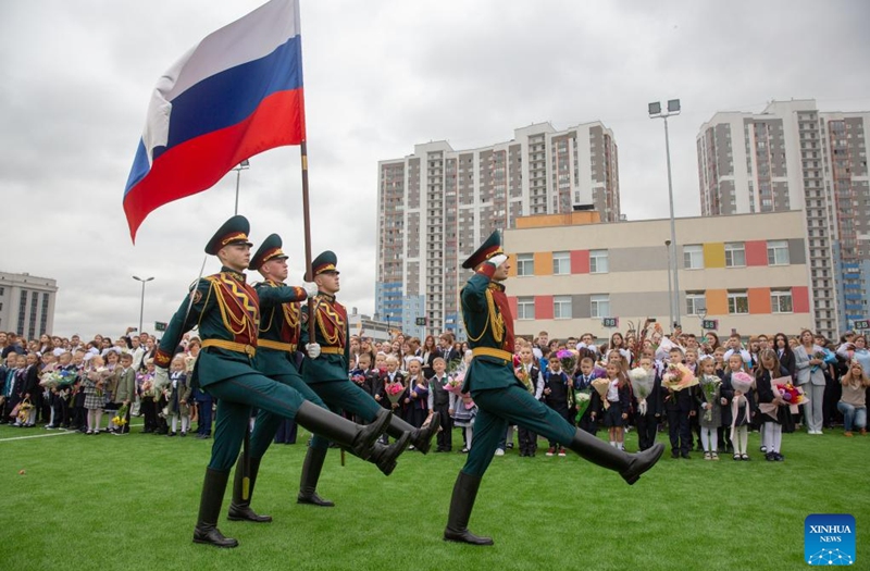 This photo taken on Sept. 1, 2023 shows a flag raising ceremony at the beginning of the new semester at School No. 362 in St. Petersburg, Russia. Russia marks the traditional Day of Knowledge on Sept. 1, which is normally the start of a new academic year. Photo: Xinhua