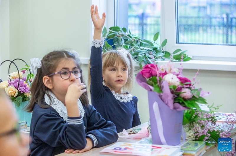 First graders attend class on the first school day at School No. 362 in St. Petersburg, Russia, Sept. 1, 2023. Russia marks the traditional Day of Knowledge on Sept. 1, which is normally the start of a new academic year. Photo: Xinhua