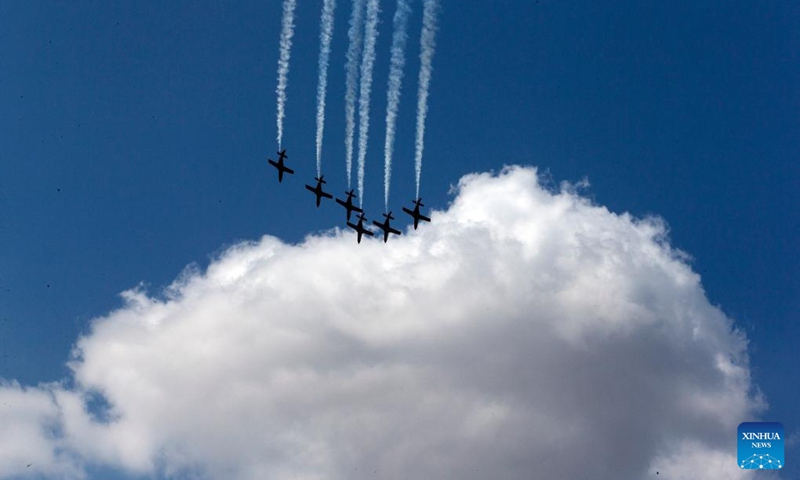Spanish aircraft perform during an air show at the Tanagra Air Base, some 70 kilometers north of Athens, Greece on Sept. 2, 2023. Athens Flying Week 2023 was held on Sept. 2 and Sept. 3 at the Tanagra Air Base. Photo: Xinhua
