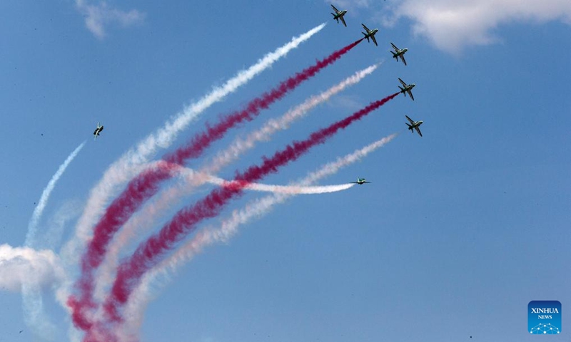 Aircraft from Saudi Arabia perform during an air show at the Tanagra Air Base, some 70 kilometers north of Athens, Greece on Sept. 2, 2023. Athens Flying Week 2023 was held on Sept. 2 and Sept. 3 at the Tanagra Air Base. Photo: Xinhua