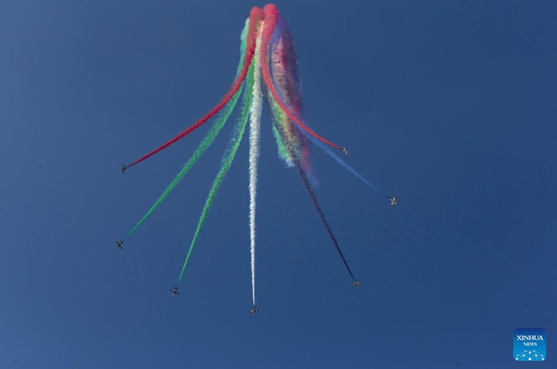 Aircraft from the United Arab Emirates perform during an air show at the Tanagra Air Base, some 70 kilometers north of Athens, Greece on Sept. 2, 2023. Athens Flying Week 2023 was held on Sept. 2 and Sept. 3 at the Tanagra Air Base. Photo: Xinhua