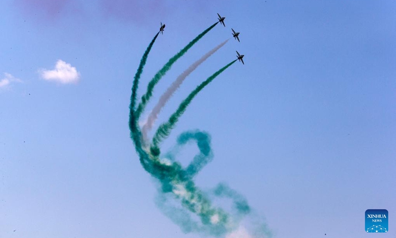 Aircraft from Saudi Arabia perform during an air show at the Tanagra Air Base, some 70 kilometers north of Athens, Greece on Sept. 2, 2023. Athens Flying Week 2023 was held on Sept. 2 and Sept. 3 at the Tanagra Air Base. Photo: Xinhua