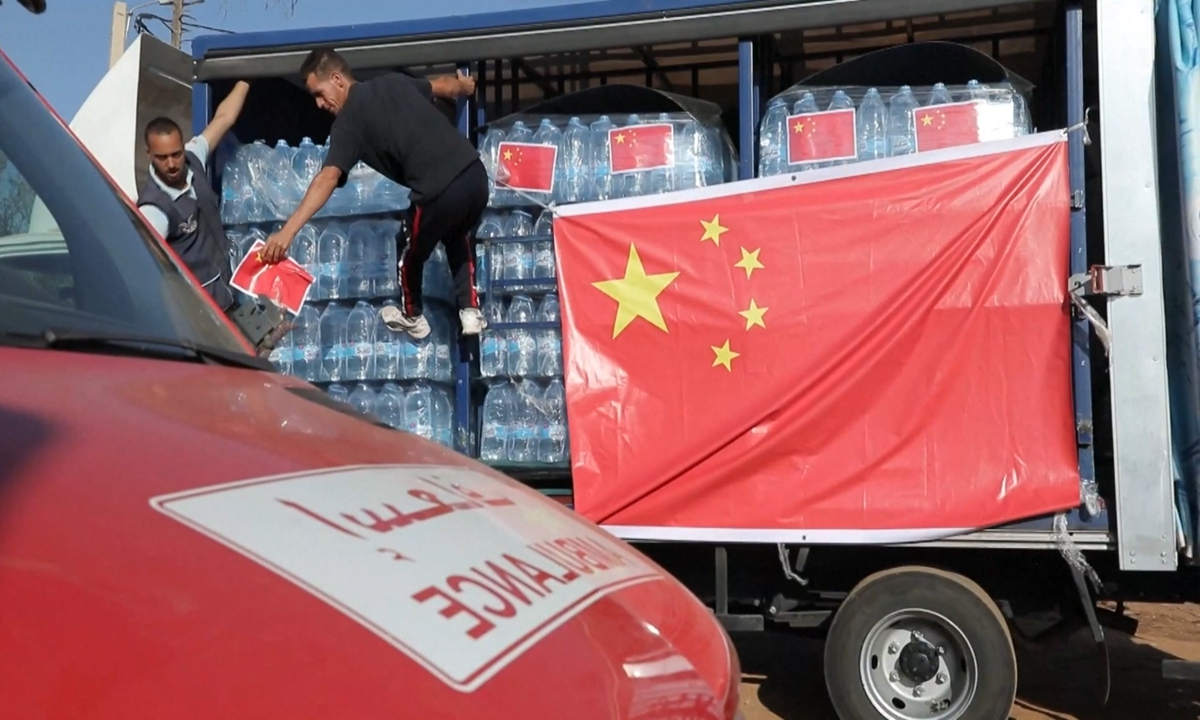 Overseas Chinese in Morocco actively assemble donated supplies to support earthquake-stricken areas, on September 11, 2023. Photo: VCG