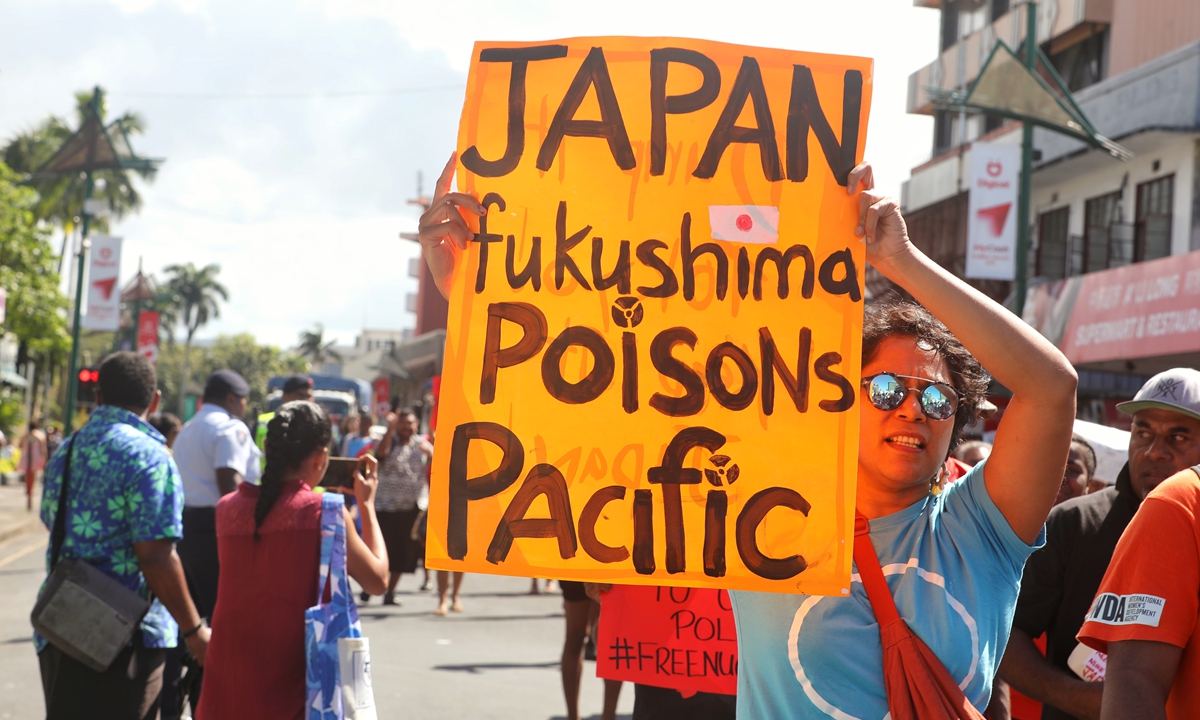 Protesters in Suva, the capital of Fiji, march against the release of nuclear-contaminated wastewater from Japan, on August 25, 2023. Photo: Xinhua