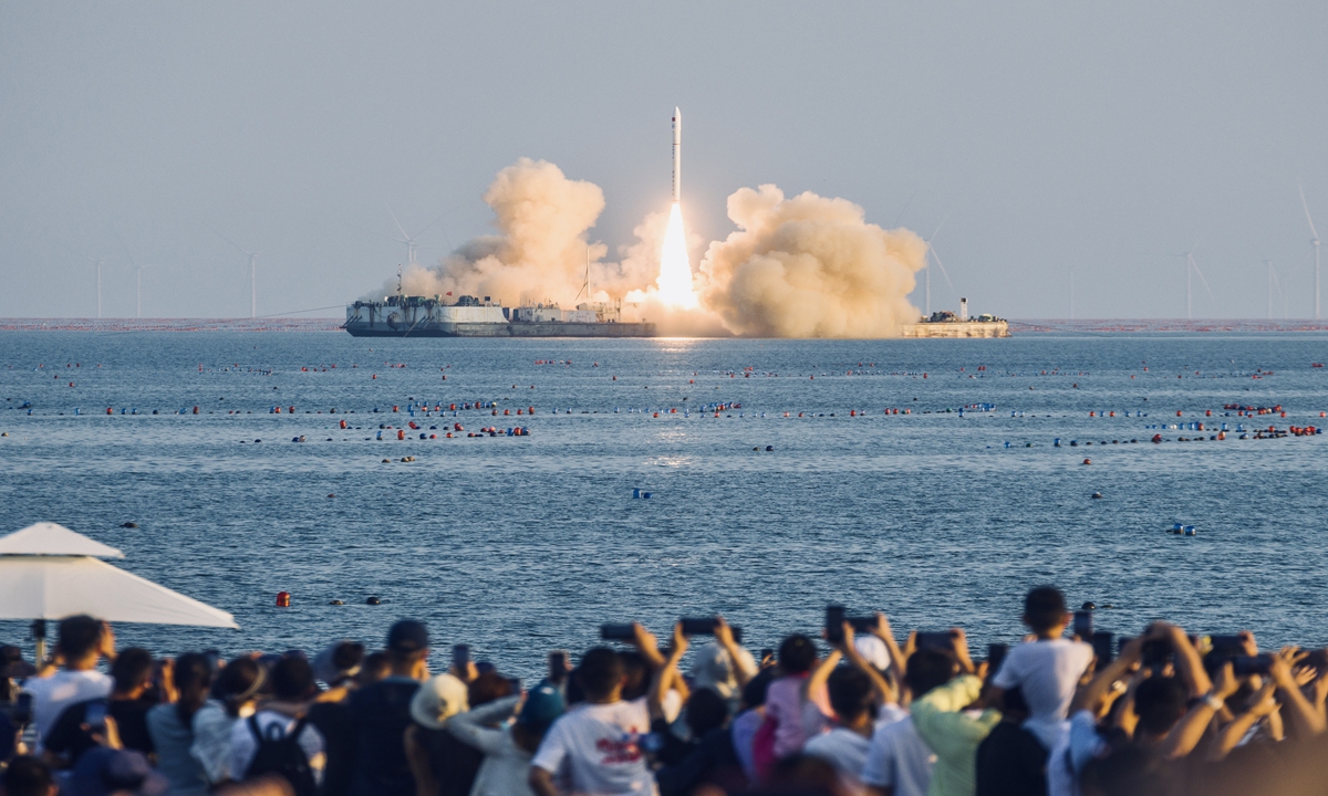 Chinese carrier rocket developer Galactic Energy completes its first-ever sea launch in the Yellow Sea off the coast of East China's Shandong Province on September 5, 2023. The launch successfully sent four satellites into pre-set orbits, making the company the first private firm in China to achieve this milestone. Photo: VCG