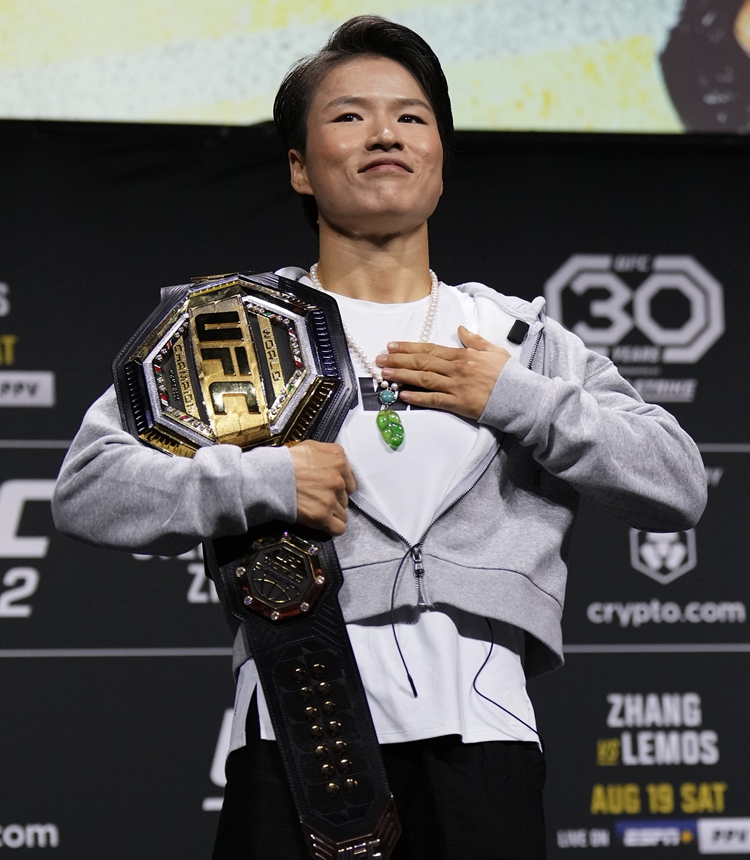 China's Zhang Weili poses on stage during the UFC 292 press conference on August 17, 2023 in Boston, the US.