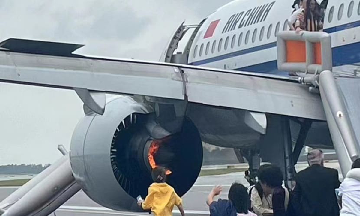 Air China flight CA403 pictured with a fire in its left engine while on the runway at Singapore's Changi Airport on September 10, 2023. (Photo: Facebook/Airline Secrets Exposed)