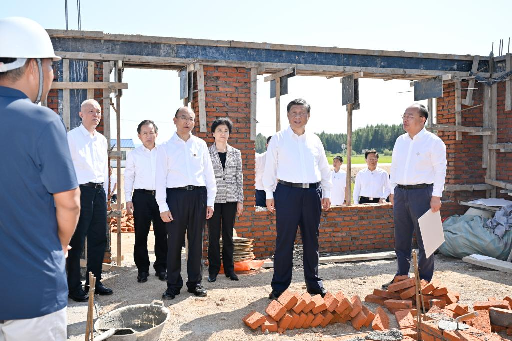 General Secretary of the Communist Party of China Central Committee Xi Jinping, also Chinese president and chairman of the Central Military Commission, inspects the work on the restoration of damaged houses and infrastructure in the village of Longwangmiao, Shangzhi City, northeast China's Heilongjiang Province, Sep 7, 2023. Xi on Thursday visited flood-affected villagers in the city of Shangzhi, northeast China's Heilongjiang Province. Photo:Xinhua