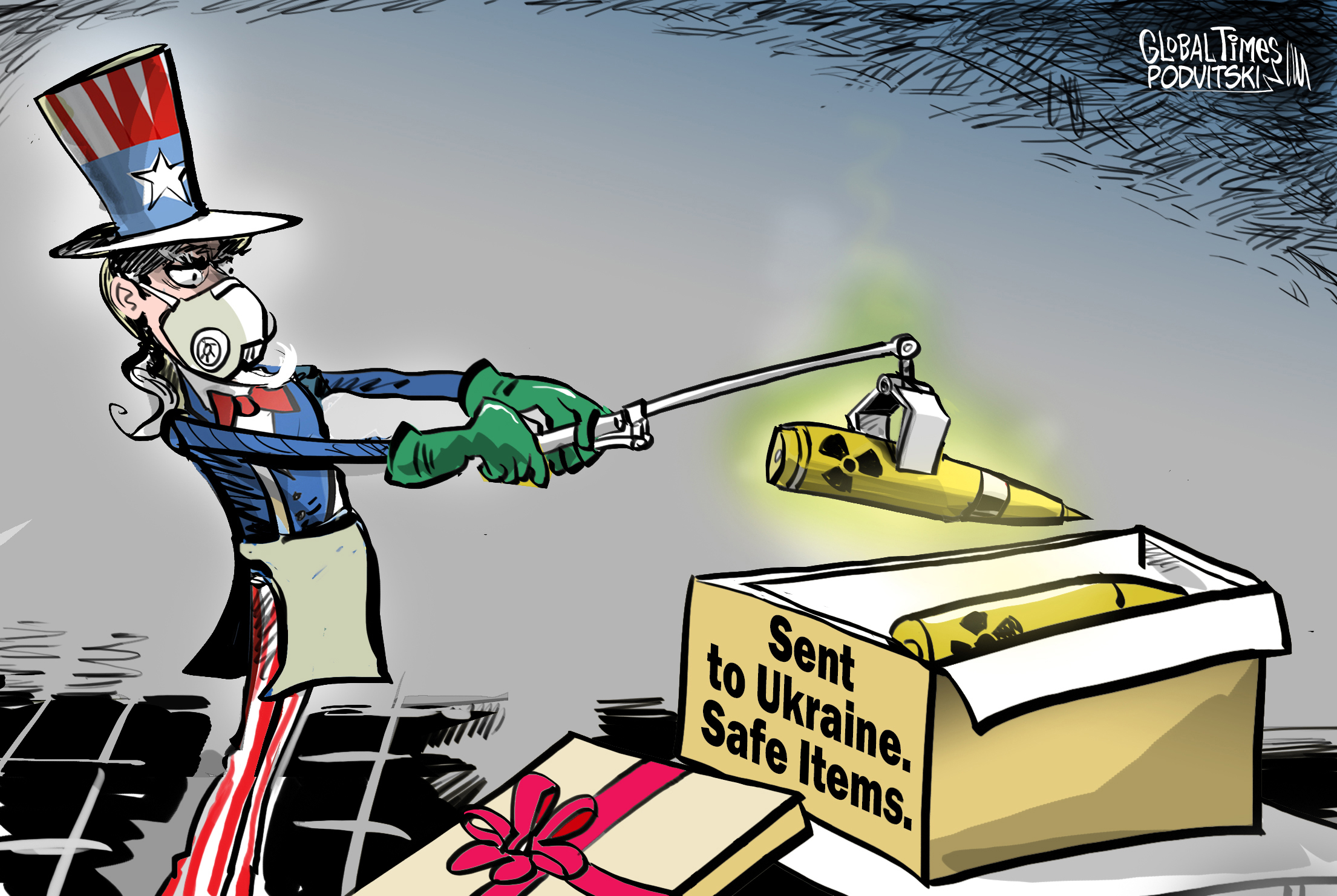 “This is a commonplace type of munition,” says John Kirby on US providing depleted uranium rounds to Ukraine. Cartoon: Vitaly Podvitski