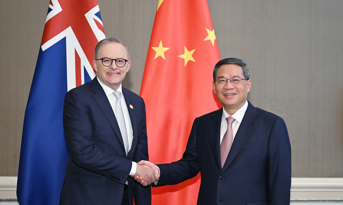 Chinese Premier Li Qiang meets with Australian Prime Minister Anthony Albanese on the sidelines of the leaders' meetings on East Asia cooperation in Jakarta, Indonesia, on September 7, 2023.?Photo: Xinhua