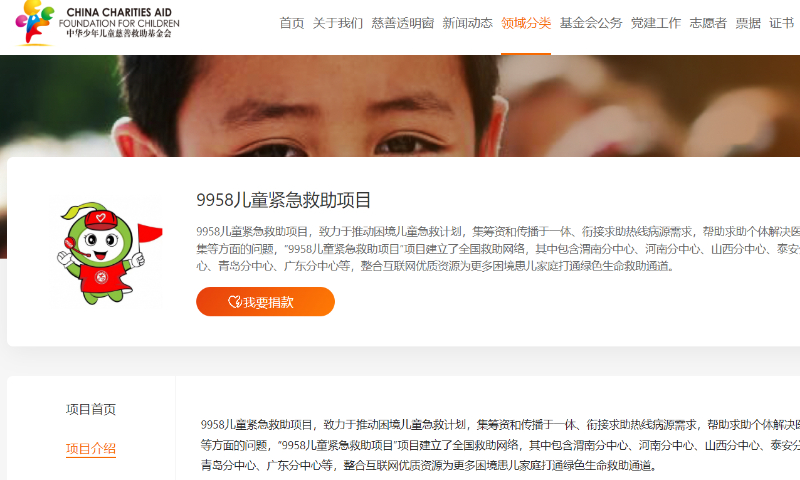 Photo: Screenshot of the website of China Charities Aid Foundation for Children