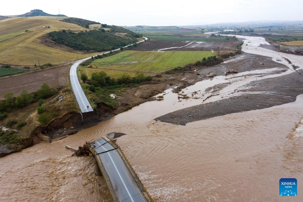 Photo taken on Sept. 7, 2023 shows a flood-effected area in Karditsa, Thessaly region, Greece. The death toll from extensive flooding caused by torrential rains in central Greece this week has reached six, with the bodies of two elderly women recovered in the Thessaly region on Thursday afternoon, Greek national broadcaster ERT has reported.(Photo: Xinhua)