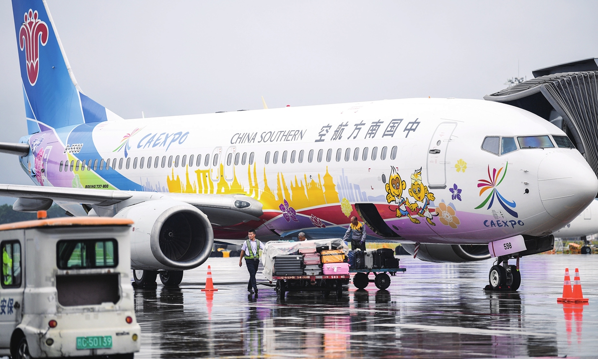 The China Southern Airlines' China-ASEAN Expo-themed passenger plane jointly launched by the airliner and the China-ASEAN Expo Secretariat is unveiled in Nanning, South China's Guangxi Zhuang Autonomous Region, on September 8, 2023 when it carried out its maiden flight from Nanning to Bangkok. Photo: VCG