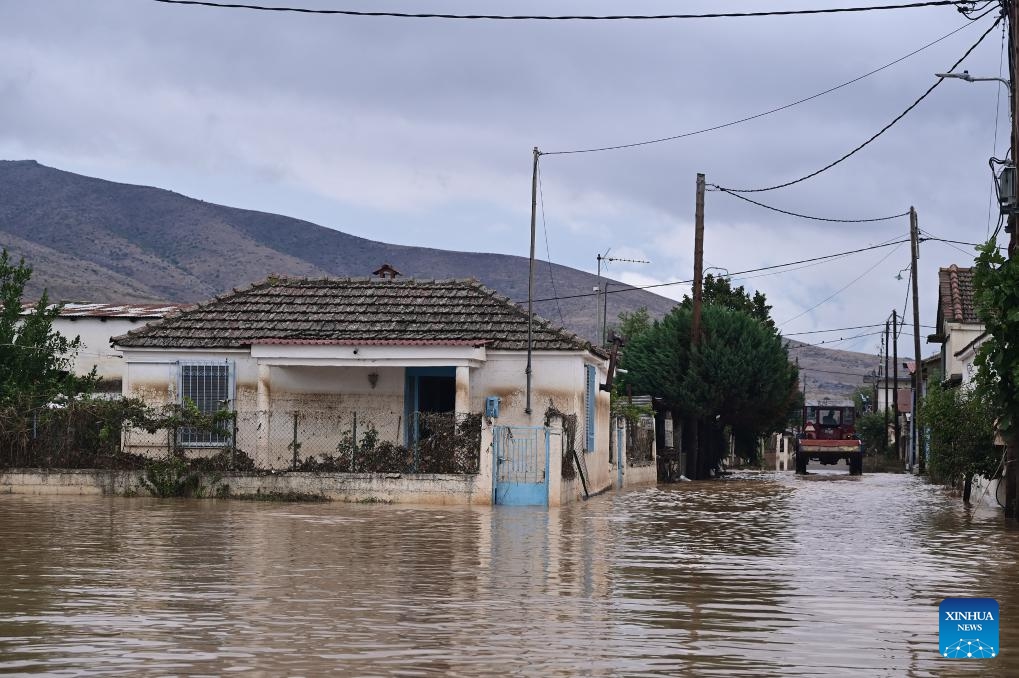 Photo taken on Sept. 7, 2023 shows a flood-effected area in Karditsa, Thessaly region, Greece. The death toll from extensive flooding caused by torrential rains in central Greece this week has reached six, with the bodies of two elderly women recovered in the Thessaly region on Thursday afternoon, Greek national broadcaster ERT has reported.(Photo: Xinhua)