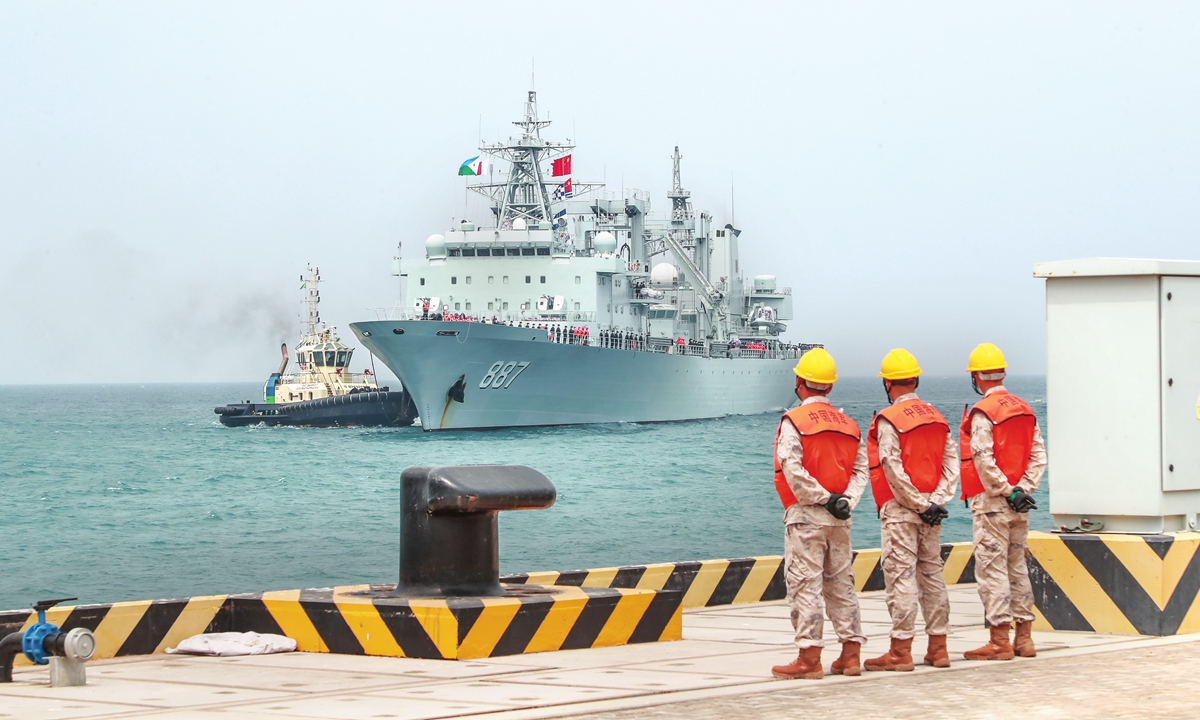 The 43rd fleet of the PLA Navy Weishanhu docks at a terminal of the PLA support base in Djibouti for replenishment. Photo: Wang Zongyang