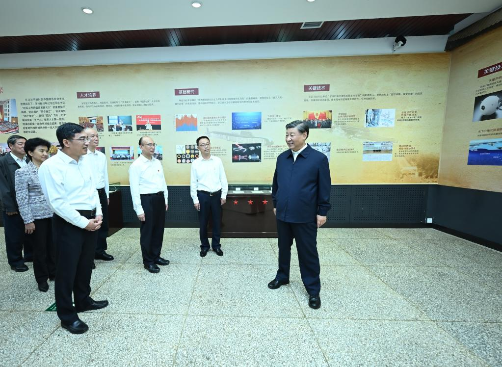 General Secretary of the Communist Party of China Central Committee Xi Jinping, also Chinese president and chairman of the Central Military Commission, inspects a memorial hall at Harbin Engineering University in Harbin, northeast China's Heilongjiang Province, Sept. 7, 2023. Xi inspected northeast China's Heilongjiang Province from Wednesday to Friday. Photo: Xinhua