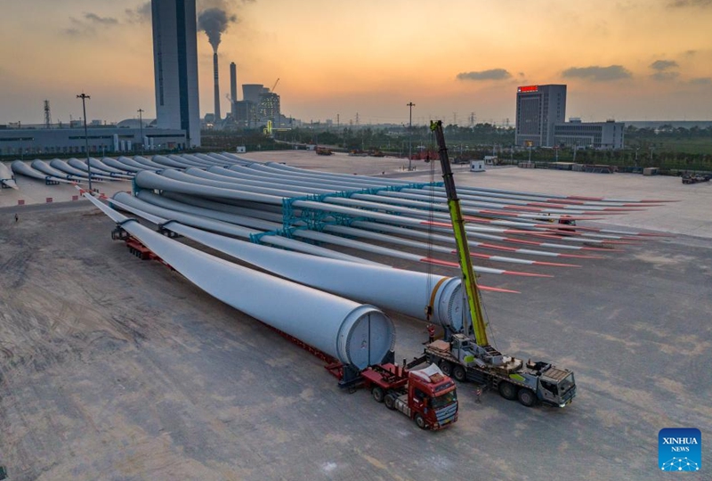 This aerial photo taken on Sept. 7, 2023 shows wind turbine blades ready for transportation at a port in Yancheng, east China's Jiangsu Province. Yancheng has boosted green and low-carbon development by advancing new energy industries such as wind and photovoltaic power in recent years. Photo: Xinhua