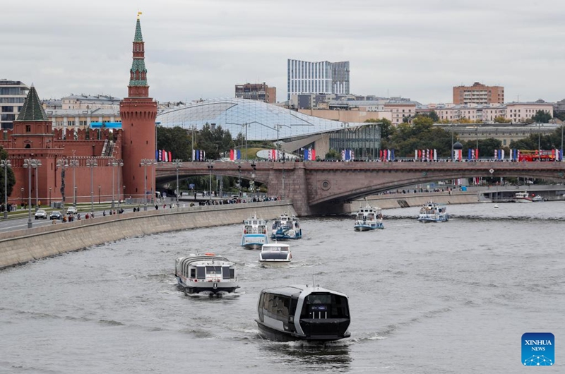 Boats take part in a parade during Moscow City Day celebrations in Moscow, Russia, Sept. 9, 2023. A series of events are held on this weekend to celebrate Moscow City Day and to mark the city's 876th founding anniversary. Photo: Xinhua