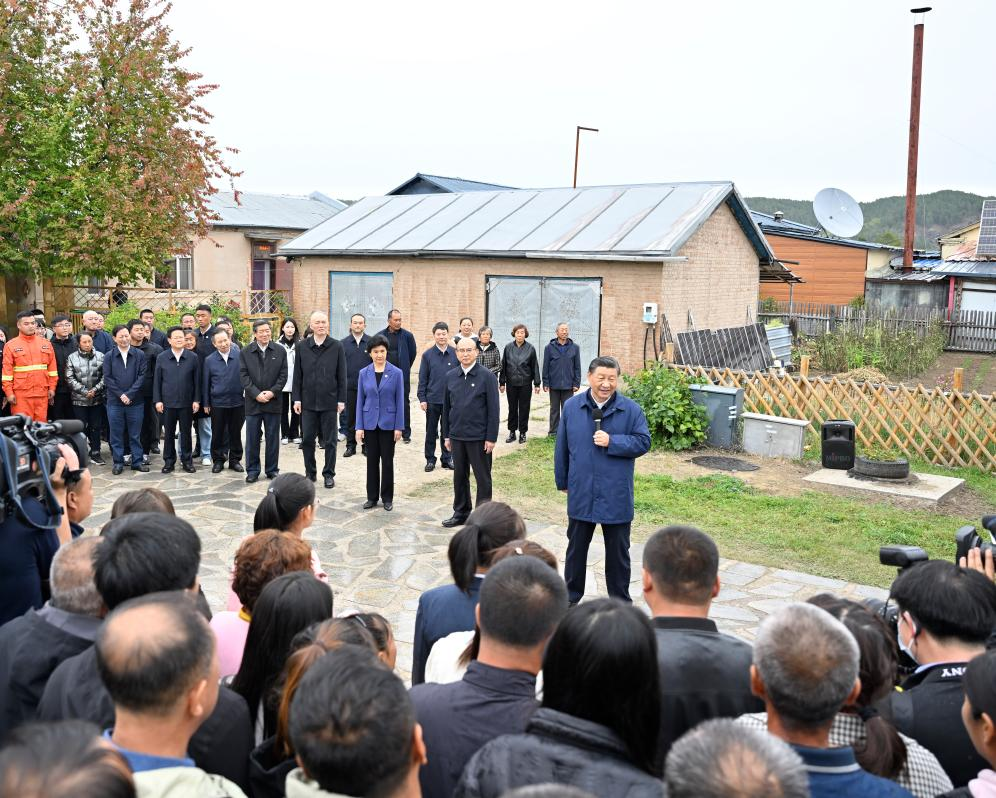 General Secretary of the Communist Party of China Central Committee Xi Jinping, also Chinese president and chairman of the Central Military Commission, talks with local residents while inspecting the Beijicun, or North Pole Village, a riverside border village, in Mohe, northeast China's Heilongjiang Province, Sept. 6, 2023. Xi inspected northeast China's Heilongjiang Province from Wednesday to Friday. Photo: Xinhua